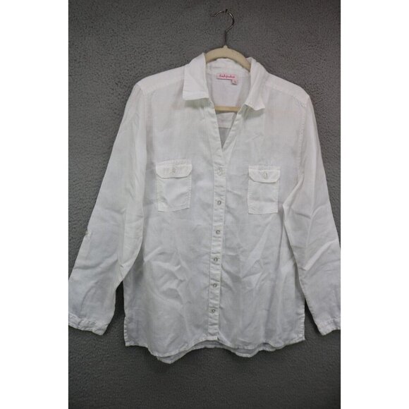 Fresh Produce White Long Roll Tabbed Sleeve 100% Linen Top-Size Large - Picture 1 of 13